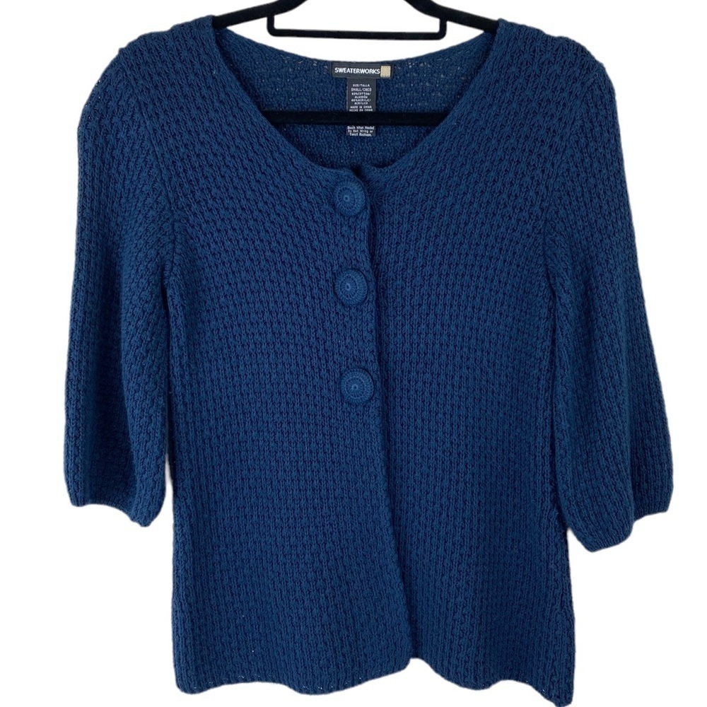 SweaterWorks Women's Navy cardigan sweater 3/4 Sleeve Open Weave Sz S